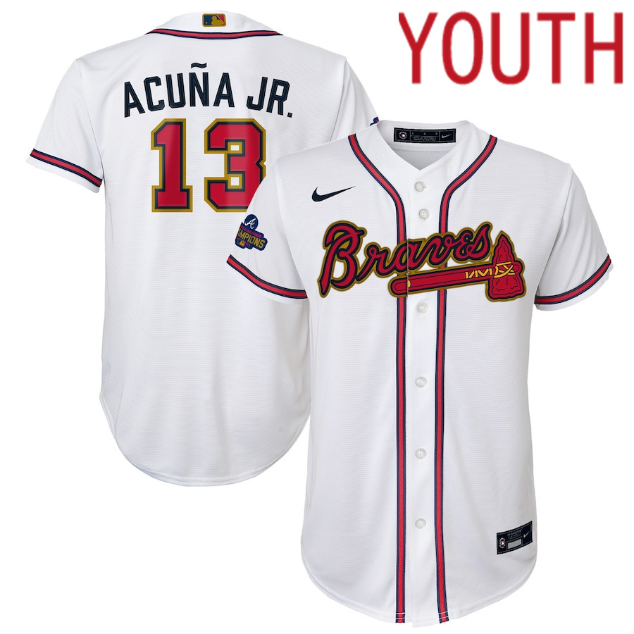 Custom Youth Atlanta Braves 13 Ronald Acuna Jr. Nike White 2022 Gold Program Replica Player MLB Jersey